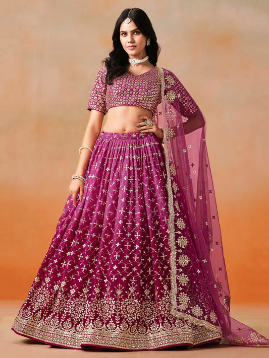 Red Pink Zari Georgette Embroidered Lehenga Choli with Dupatta