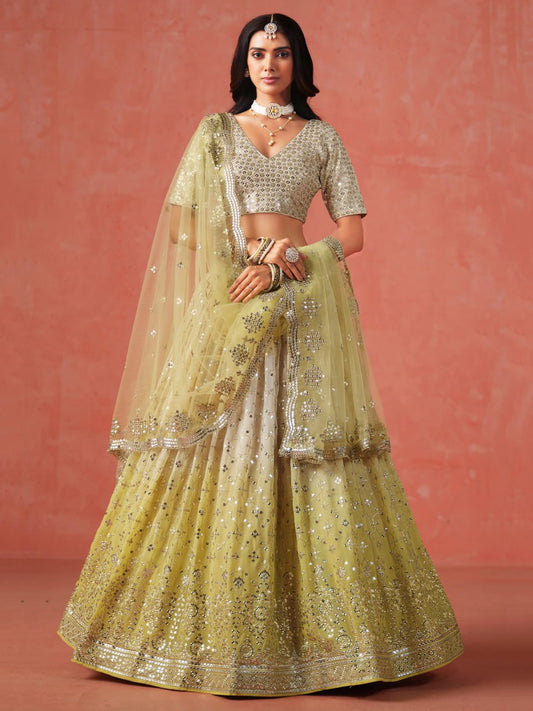 Light Yellow Heavy Zari Embroidered Georgette Lehenga Choli
