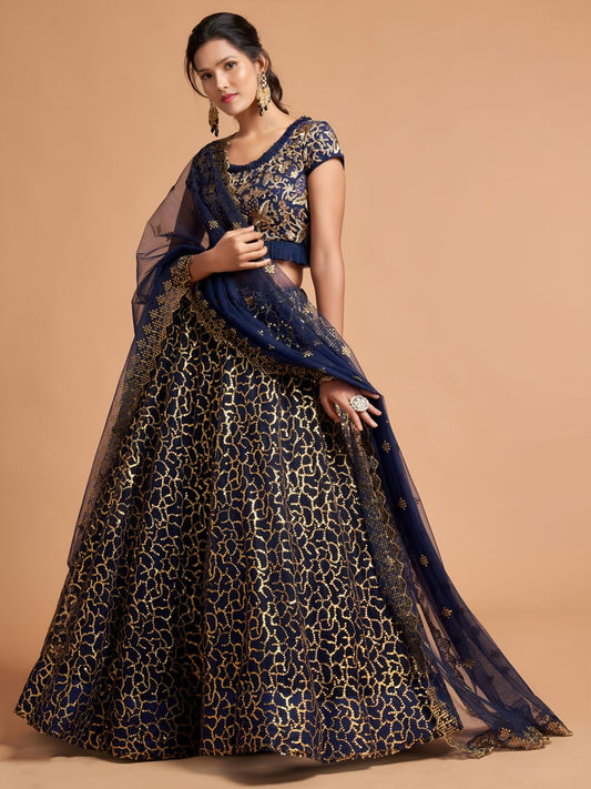 Navy Blue Designer Lehenga Choli with Golden Sequins Embroidery for Wedding & Reception