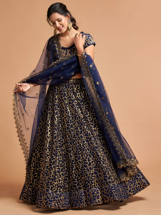 Navy Blue Designer Lehenga Choli with Golden Sequins Embroidery for Wedding & Reception