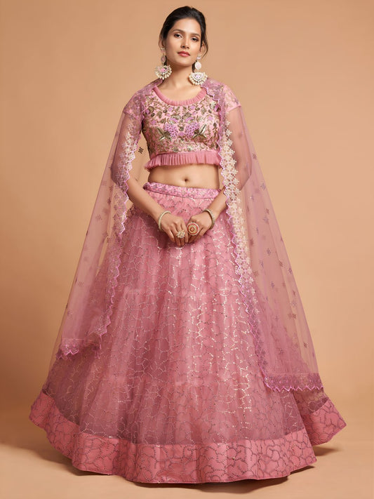 Dusty Pink Sequins Embroidered Lehenga Choli with Net Dupatta