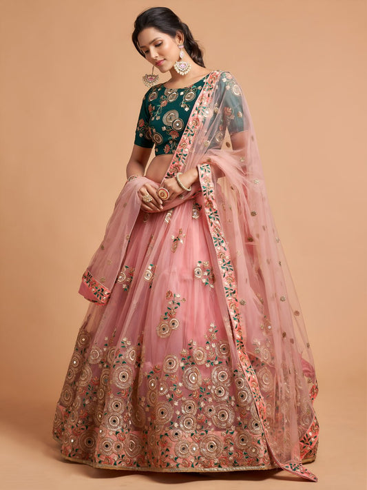 Blush Pink Net Lehenga Choli with Mirror Work & Embroidered Dupatta