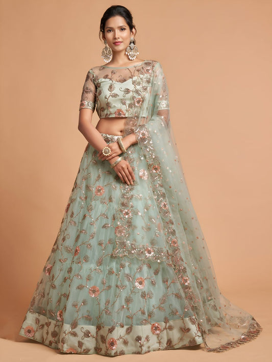 Designer Mint Green Net Lehenga Choli with Floral Embroidery
