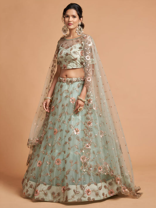 Designer Mint Green Net Lehenga Choli with Floral Embroidery