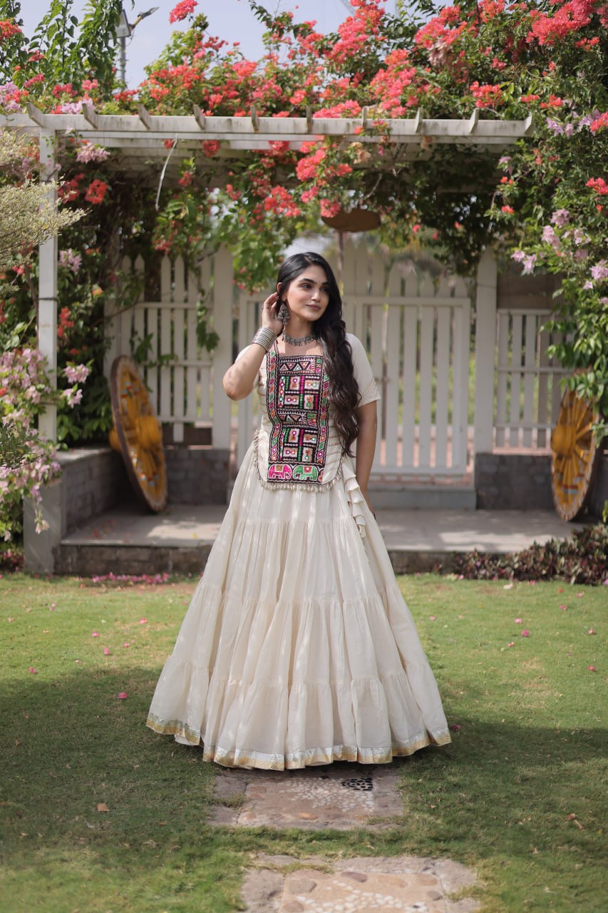 White Kora Cotton Lehenga Choli with Kutchi Gamthi Patchwork Blouse For Navratri