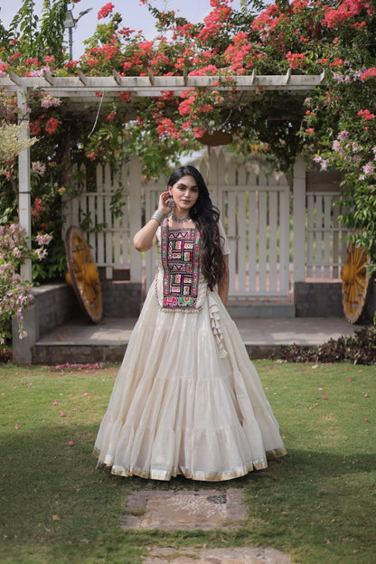 White Kora Cotton Lehenga Choli with Kutchi Gamthi Patchwork Blouse For Navratri
