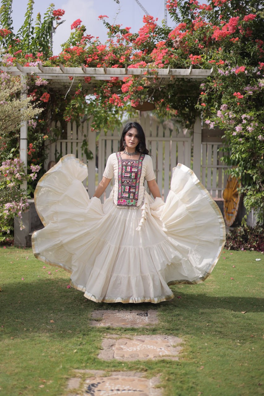 White Kora Cotton Lehenga Choli with Kutchi Gamthi Patchwork Blouse For Navratri