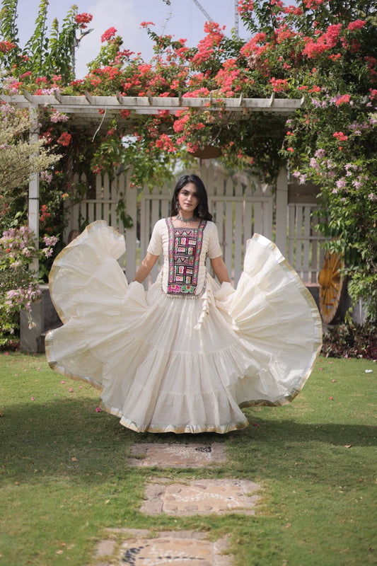 White Kora Cotton Lehenga Choli with Kutchi Gamthi Patchwork Blouse For Navratri