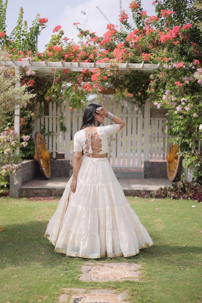 White Kora Cotton Lehenga Choli with Kutchi Gamthi Patchwork Blouse For Navratri