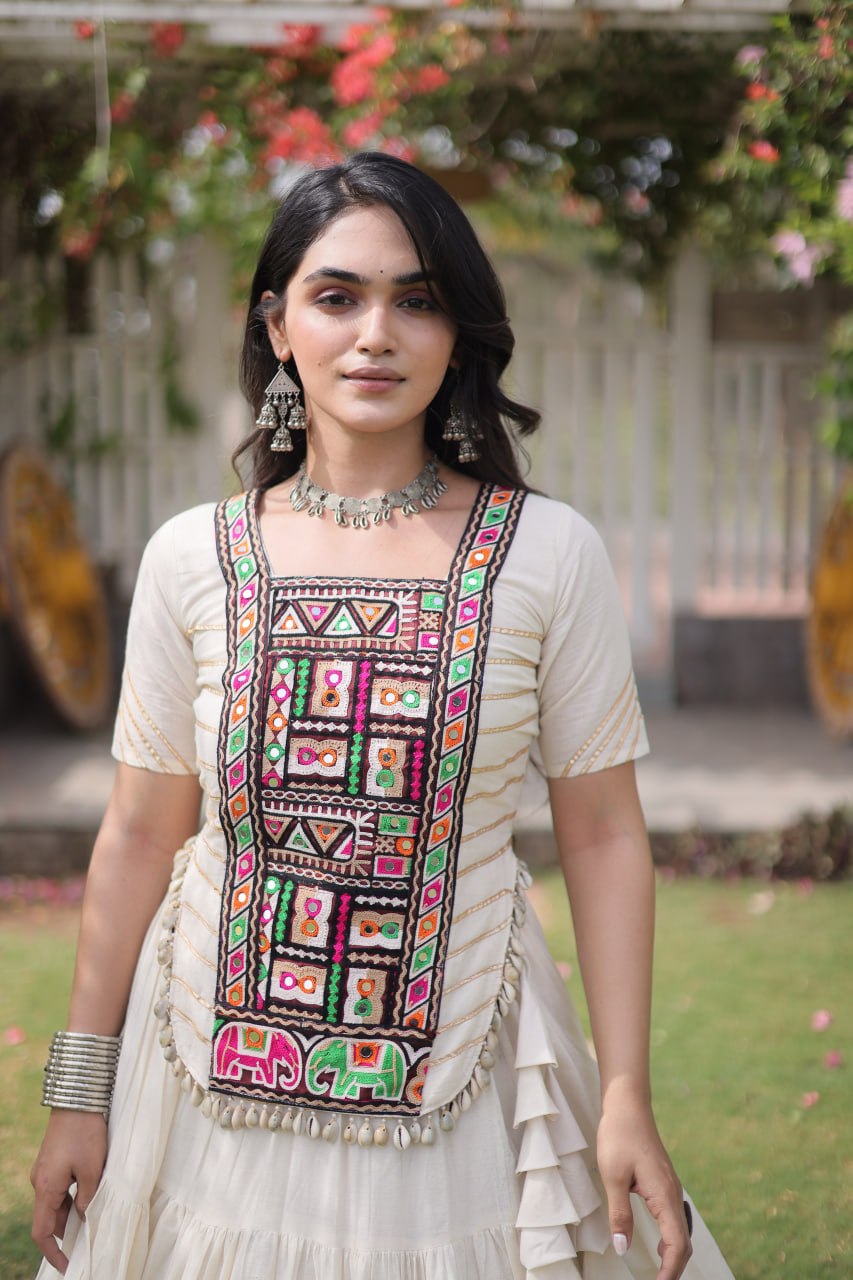 White Kora Cotton Lehenga Choli with Kutchi Gamthi Patchwork Blouse For Navratri