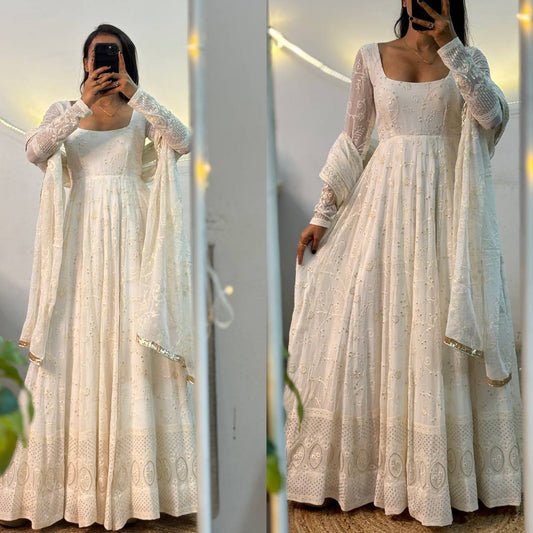 Off White Embroidered Anarkali Gown with Dupatta for Wedding & Festive Wear