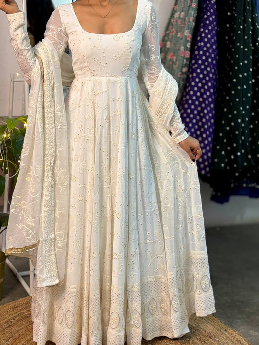 Off White Embroidered Anarkali Gown with Dupatta for Wedding & Festive Wear