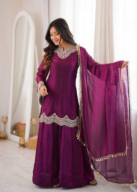 Wine Purple Designer Fendy Silk Sharara Suit with Mirror Work