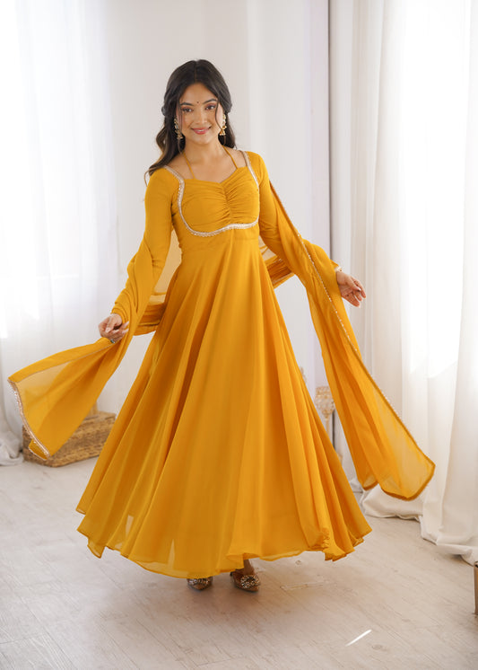 Mustard Yellow Georgette Anarkali Gown with Flare & Lace Dupatta